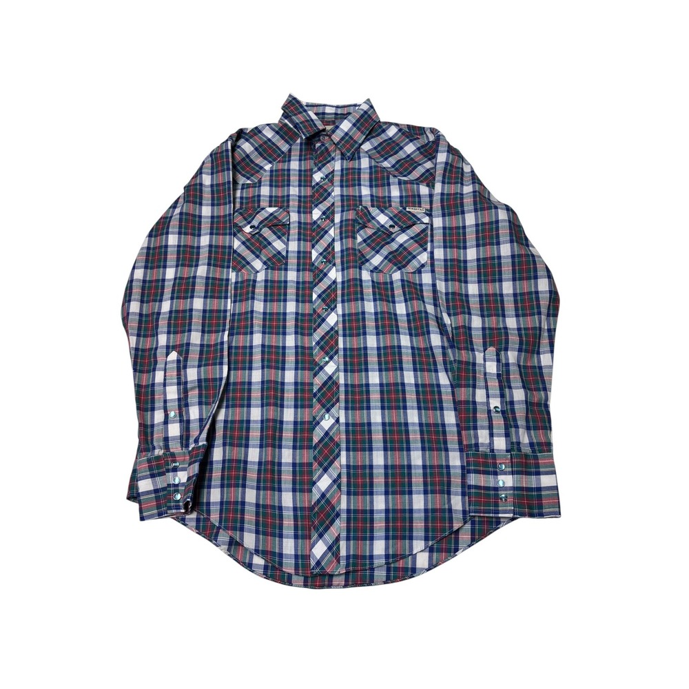 Vintage Roebucks Western Pearl Snap Shirt Plaid Navy Green‎ Red Mens Large L